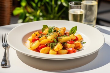 gnocchi in a white plate on a white summer cafe table.