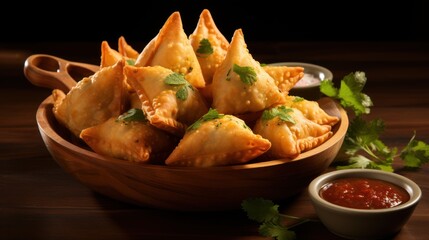 Golden fried samosas rest on board with bowl of chutney on the side.