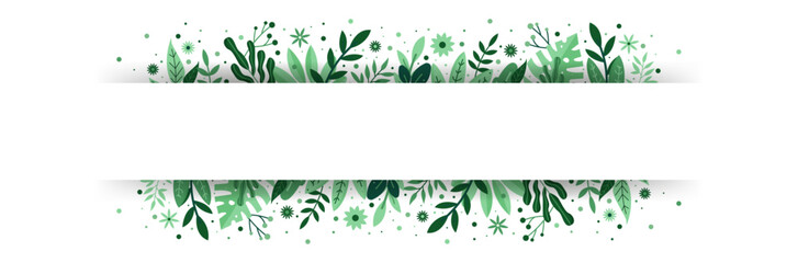 Bannière végétale - Cadre de fleurs et feuilles - Espace pour écrire un texte au milieu - Éléments décoratifs floraux modernes verts - Style cartoon - Trame végétale, encadrement floral - Déco - obrazy, fototapety, plakaty