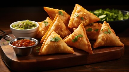 Golden fried samosas rest on board with bowl of chutney on the side.