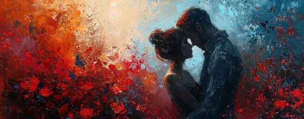 Poster Passionate young couple kissing. Oil painting on canvas. Colorful background., valentines day banner © lublubachka