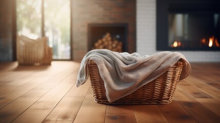 Laundry basket covered with soft blanket on polished wooden floor. - obrazy, fototapety, plakaty