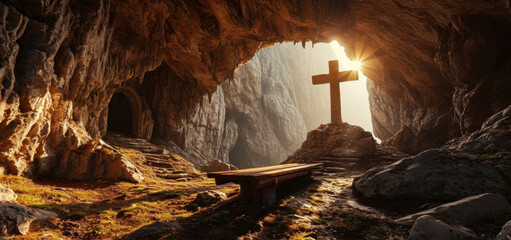 Cross in the cave. 3d illustration. The concept of religion.