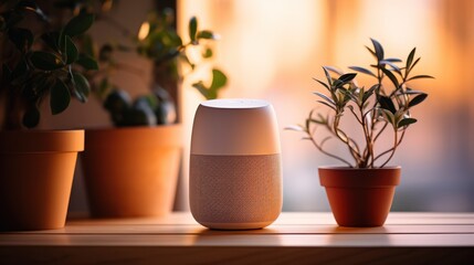 Sleek smart speaker sits beside potted plant in room with warm light.