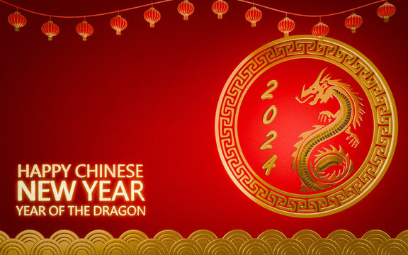 Background image for Chinese New Year 2024. New Year greeting theme: golden dragon and auspicious red. Traditional Chinese red auspicious lantern. 3D Rendering