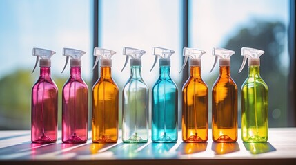 Colorful spray bottles line up against sunlit backdrop. - obrazy, fototapety, plakaty