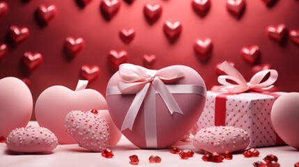 Gifts adorned with red ribbons sit by pink hearts.