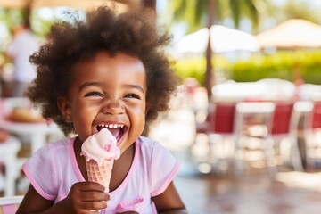African american little girl smiling happy eating ice cream on holidays - obrazy, fototapety, plakaty