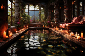 Cozy pool in the spa hotel with burning candles