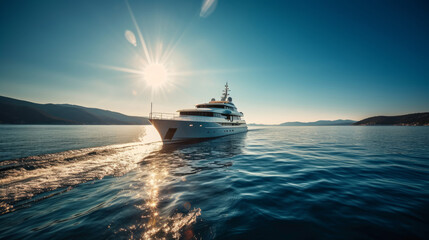 Yacht in the sea at sunset. 3D Rendering.