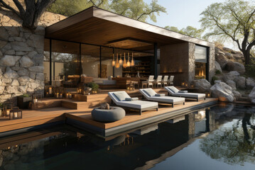 Fototapeta premium Wooden daybed place on concrete floor beside swimming pool Spa