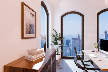 luxurious loft apartment with floor-to-ceiling windows and panoramic view; modern minimalistic interior design of workspace home office area; bright daylight; 3D rendering