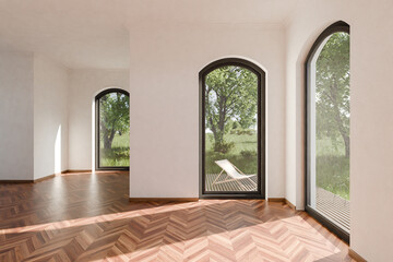 empty luxurious loft apartment with floor-to-ceiling windows and panoramic view; modern minimalistic interior design; bright daylight; 3D rendering