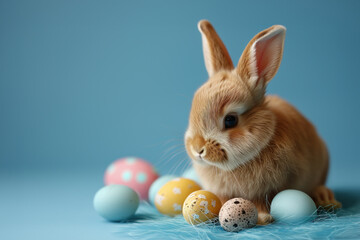 Easter bunny and colorful eggs on a blue background. Generative AI