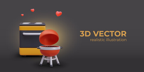 Stove, outdoor barbecue grill. Realistic composition on black background. Horizontal template of advertisement, banner, flyer. Promotion announcement, sale of household kitchen appliances