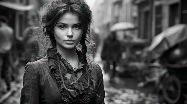 Nostalgic black and white portrait of girl on the street of Old Europe in Victorian era clothes