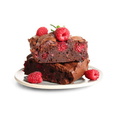 Plate with pieces of raspberry chocolate brownie on white background