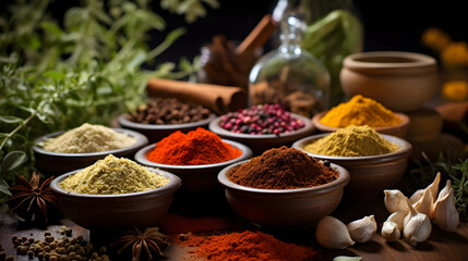 Hot spices for cooking health benefits on wooden background	