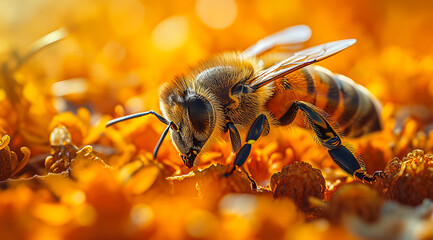honey bee is on an orange flower, collecting nectar. Its wings are clear, and it has yellow and black stripes. It's a sunny day - obrazy, fototapety, plakaty