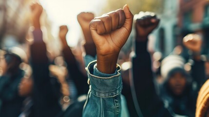 Multi-ethnic people raise their fists up in the air in a protest.