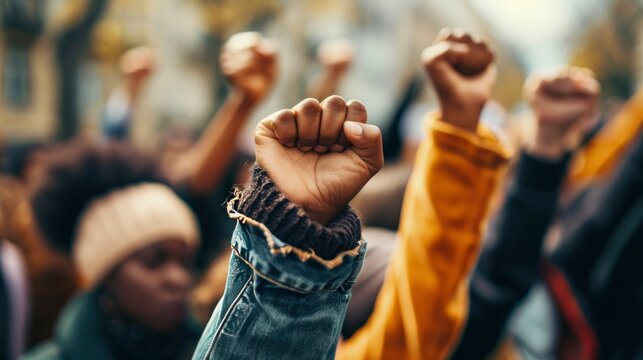 Multi-ethnic People Raise Their Fists Up In The Air In A Protest.