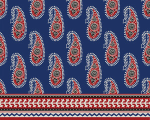 PAISLEY FLORAL AJRAKH PATTERN WITH SEAMLESS BORDER AND BLOCK PRINT PATTERN BATIK PRINT BACKGROUND DIGITAL PRINTING TEXTILE PATTERN
