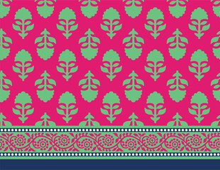 FLORAL ELEMENT WITH SEAMLESS BORDER AJRAKH PATTERN AND BLOCK PRINT PATTERN BATIK PRINT BACKGROUND DIGITAL PRINTING TEXTILE PATTERN