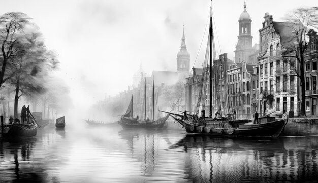 Old black and white photo of the Old Canal of Amsterdam with boats along the river bank. Nostalgic scenes, industrial city scenes