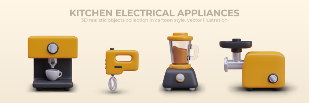 Electric household kitchen appliances in cartoon style. Set of cooking tools. Coffee maker, mixer, blender, meat grinder. Isolated detailed realistic illustrations with shadows