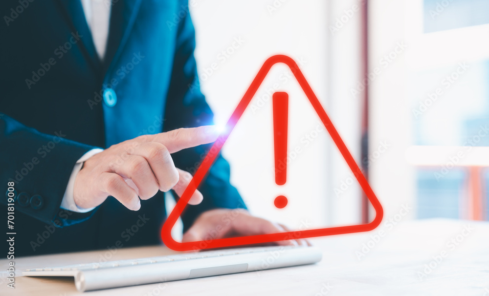 Aufkleber risk of internet network security concept, hand touching triangle warning sign with triangle caution