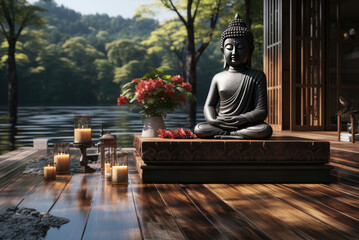 Buddha statue on the wooden terrace of the temple
