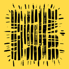 Abstract black geometric shapes on bright yellow background. Hand drawn vector.