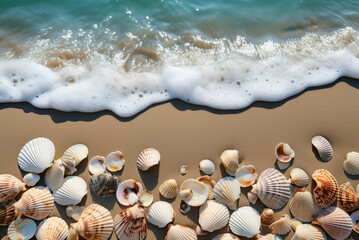 Fototapeta na wymiar Seashells on sand background with copy space. Sea summer vacation backdrop