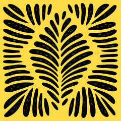 Abstract black geometric shapes on bright yellow background. Hand drawn vector.