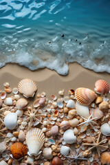 Fototapeta na wymiar Beautiful sand beach background with seashells on the seashore with copy space