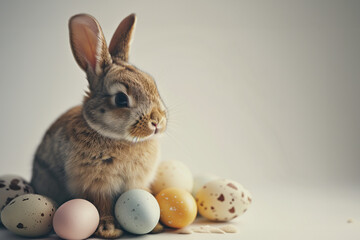Easter bunny and colorful eggs on a gray background. Generative AI