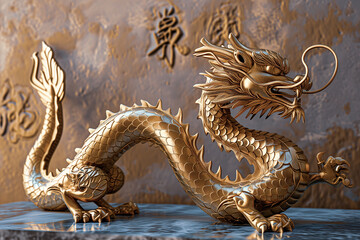 Fototapeta premium golden chinese dragon model sculpture 2024 year ,Loong, gold, metal, logo,New Year,2024,Year of the Dragon,Chinese New Year,New Year's Eve,New Year's Day