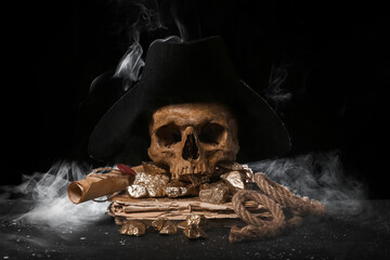 Travel equipment with golden nuggets, human skull, old manuscripts and pirate hat on black background