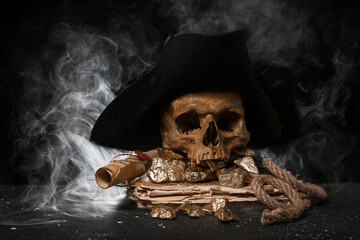 Travel equipment with golden nuggets, human skull, old manuscripts and pirate hat on black...