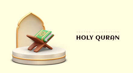 Holy Quran. Closed Koran lies on book stand. Holy book of Muslims. Round podium Arabian arch. Color illustration in cartoon style. Study and interpretation of sacred texts
