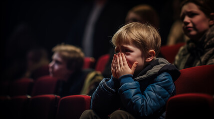 A child crying during a poignant moment in a theatrical performance.