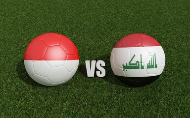 Footballs in flags colors on grass. Indonesia with Iraq. 2023 asian cup tournament. 3d rendering