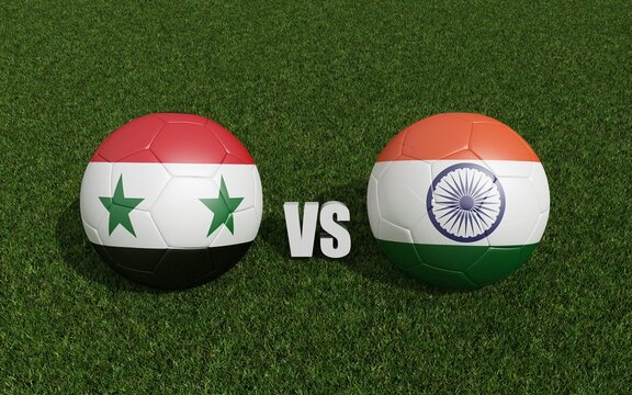 Footballs in flags colors on grass.  Syria with India. 2023 asian cup tournament. 3d rendering