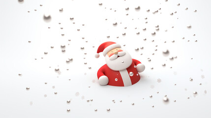 Santa Claus in 3D form delicately floats amidst a flurry of small snowflakes, set against a minimalist white backdrop.