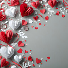 Paper hearts on gray background with copy space. AI generated illustration