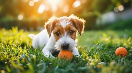 A Playful Puppy Chewing on an Orange Ball