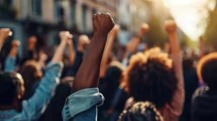 Fotobehang African American people in a crowd fighting and protesting in the street with raised fists against racism and racial discrimination, for change, freedom, justice and equality, Black Lives Matter © People