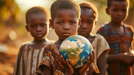 International day of peace concept. African Children holding earth globe. Group of African children holding planet earth planet earth over defocused nature background with copy space. - obrazy, fototapety, plakaty