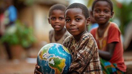 International day of peace concept. African Children holding earth globe. Group of African children holding planet earth planet earth over defocused nature background with copy space. - obrazy, fototapety, plakaty