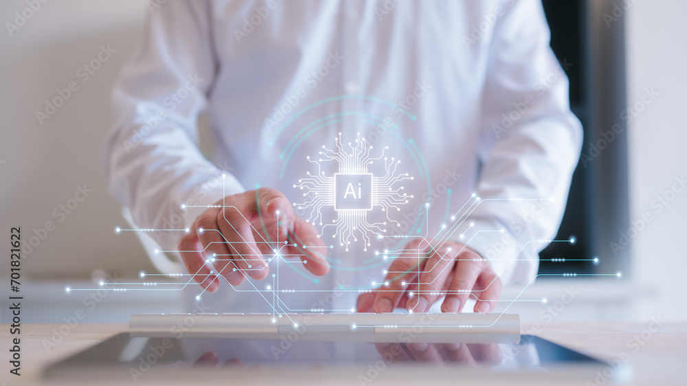 Poster artificial intelligence ai technology and digital transformation concept, businessman typing and wor